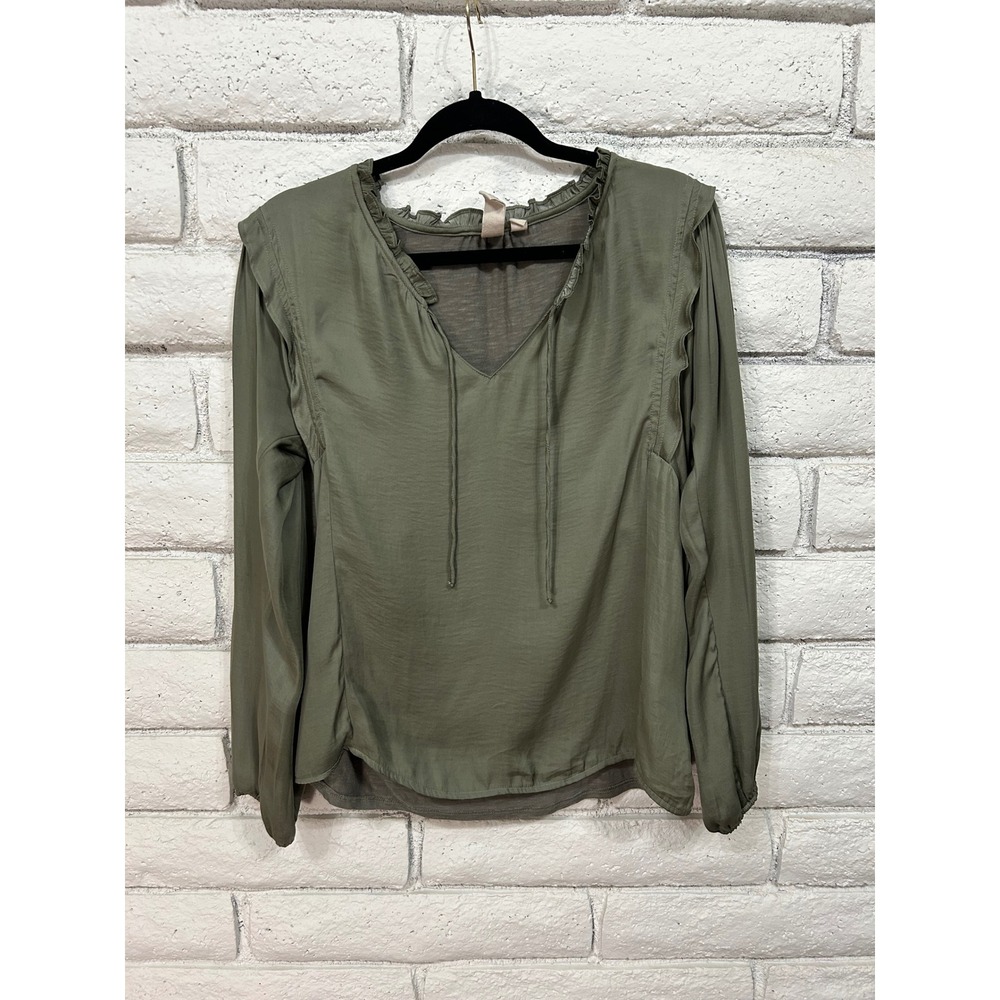 Anthropologie Dolan Left Coast Olive Green Ruffle V-Neck Tie Blouse Small
